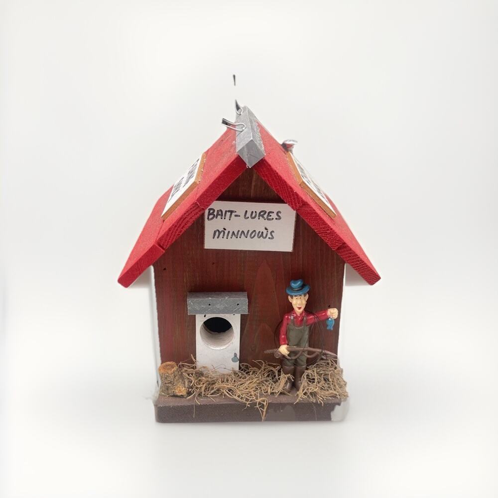 Vintage Fishing Shack Red Bird House Bait-Lures Minnows